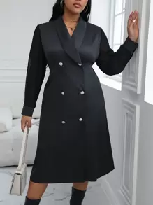 SHEIN Essnce Kích thước lớn DOUBLE-BREASTED Cape Vòng cổ Đầm - màu đen - Xem 1