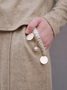 SHEIN Essnce 素色前紐扣拼接邊T恤和褲子 - 杏色 - 查看 7