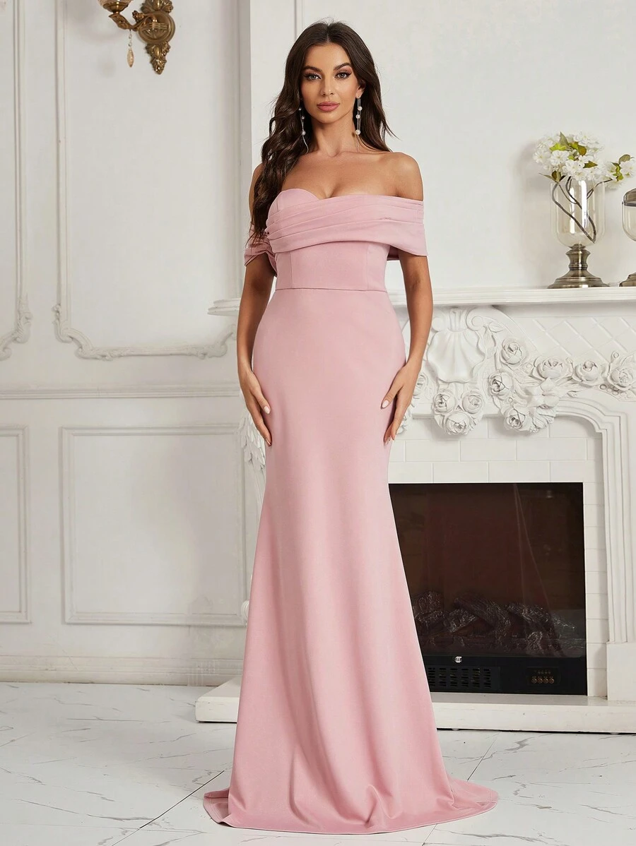 SHEIN Belle Off Shoulder Mermaid Hem Bridesmaid Dress Elegant Dress - Pink - View 1