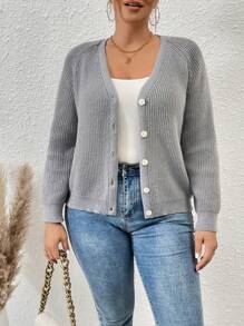 SHEIN Franclia Plus Raglan Sleeve Button Front Cardigan - Grey - View 1