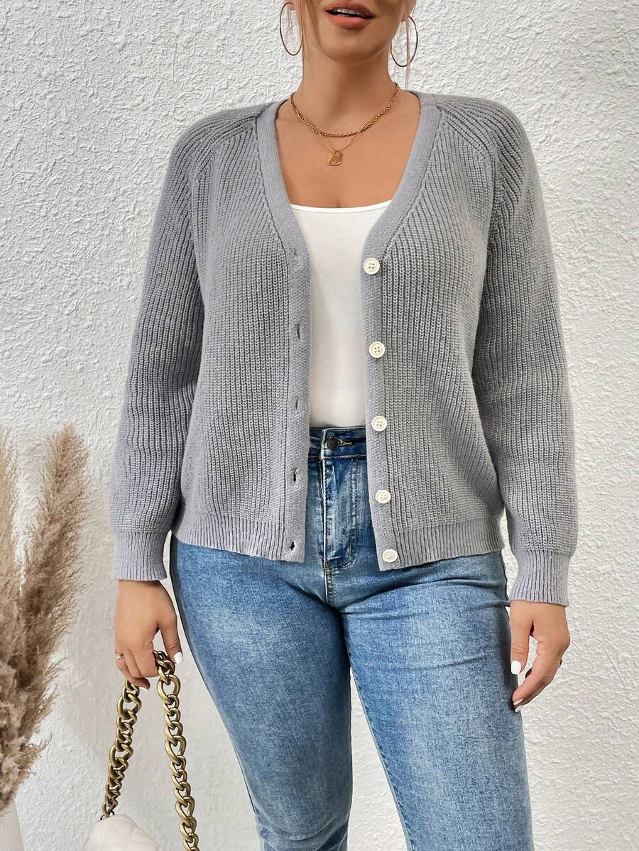 SHEIN Franclia Plus Raglan Sleeve Button Front Cardigan - Grey - View 1