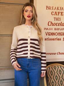 SHEIN Frenchy Women's Patchwork Hollow Out Embroidered Striped Button Down Cardigan - Multicolor - View 4