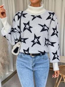 SHEIN LUNE Star Pattern Turtleneck Lantern Sleeve Sweater Knit Pullover Fall Winter Outfit - Black and White - View 4
