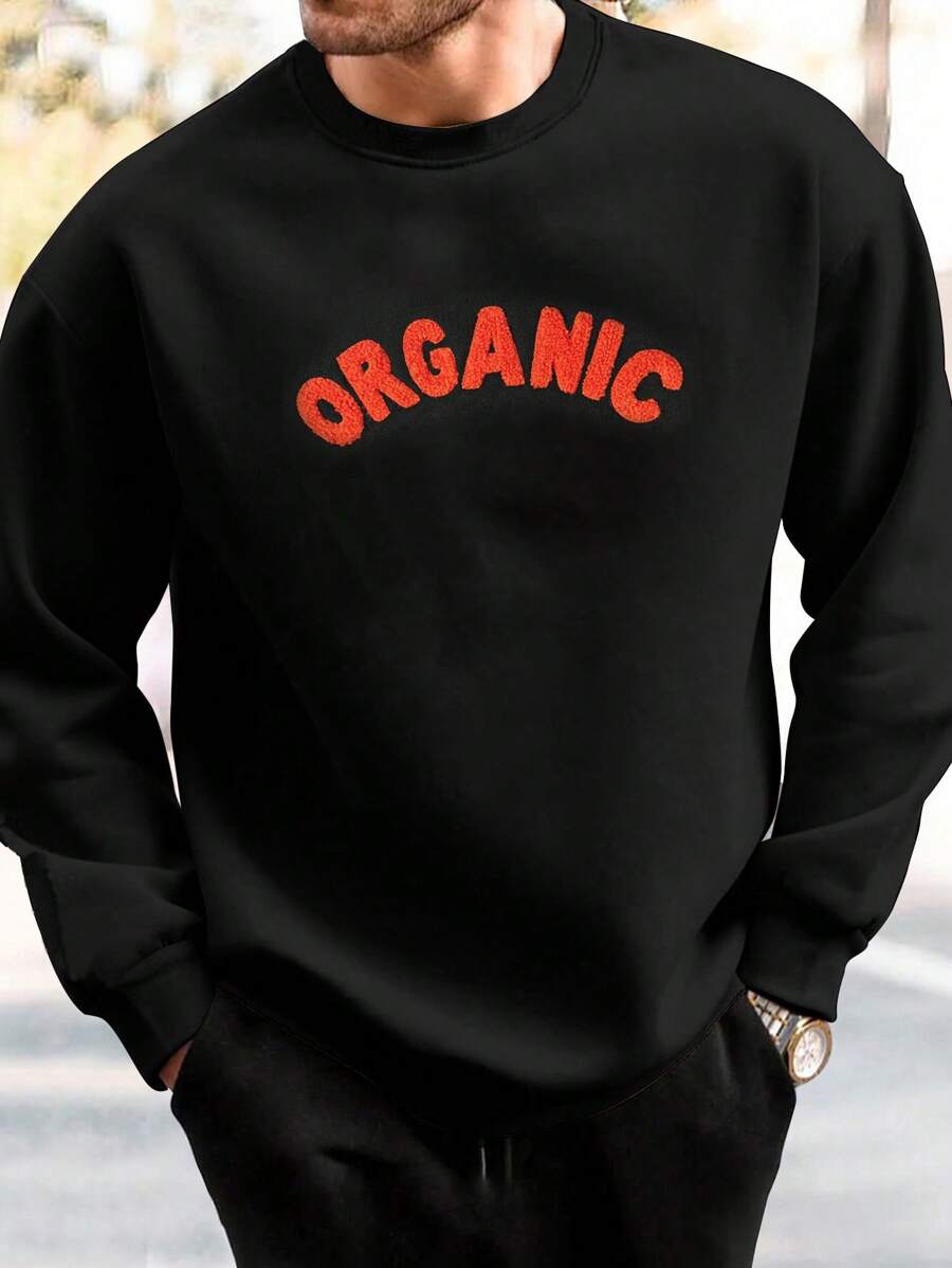 RueChic Men Letter Patched Thermal Sweatshirt - Black - View 1