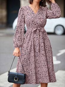 SHEIN Clasi 女士波點印花燈籠袖連腰帶連衣裙 - 粉色 - 查看 3