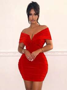 SHEIN SXY new year eve red off Shoulder Ruched Bodycon Dress - Red - View 1
