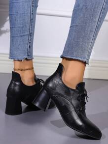 2023 Hàng Mới Của phụ nữ Pointed Toe Giữa & Dày Gót chân chất liệu da PU Vamp Làm việc Giày dép Với Lace-up Khép kín - màu đen - Xem 4