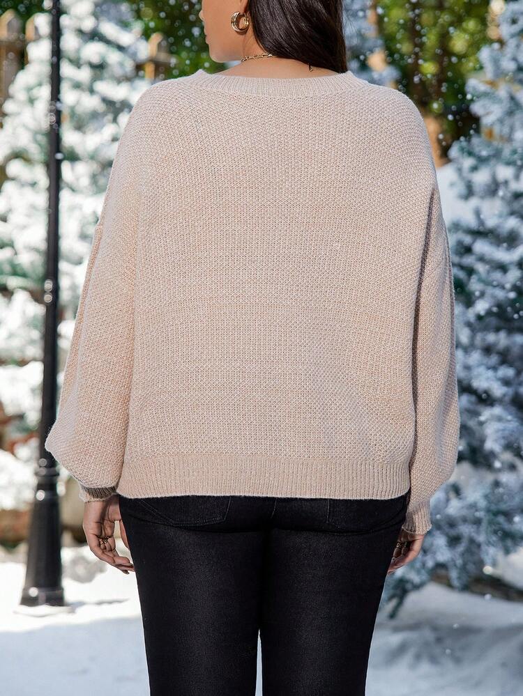 Plus Half Button Drop Shoulder Sweater Knit Pullover Fall Winter Sweater