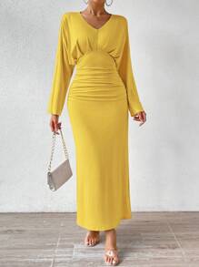 SHEIN Privé tay cánh Đầm Với Xếp li Chi tiết - Màu vàng - Xem 3