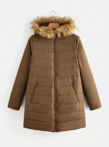 SHEIN Maternity Hooded Jacket With Collar - Brown - View 6