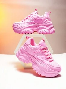 女款增高厚底平台運動鞋，粉色系列，可愛COSplay風格，日常休閒鞋款，配有流蘇和花朵裝飾，校園跑步鞋，增高6-7CM厚底 - 粉色 - 查看 3