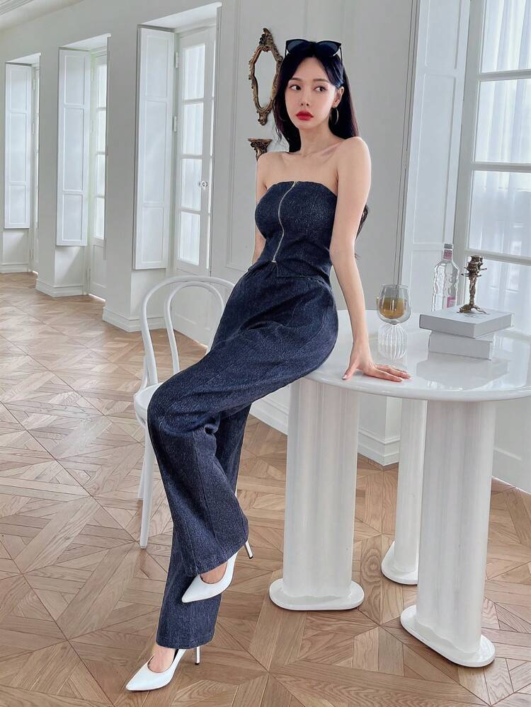Zip Up Tube Top & Elastic Waist Pants