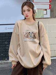 DAZY 熊和字母圖案落肩保暖衬里運動衫 - 卡其色 - 查看 4