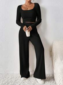 SHEIN Frenchy Bộ Hai Mảnh Áo Crop Top Và Quần Dài Sọc Họa Tiết Vải - màu đen - Xem 6