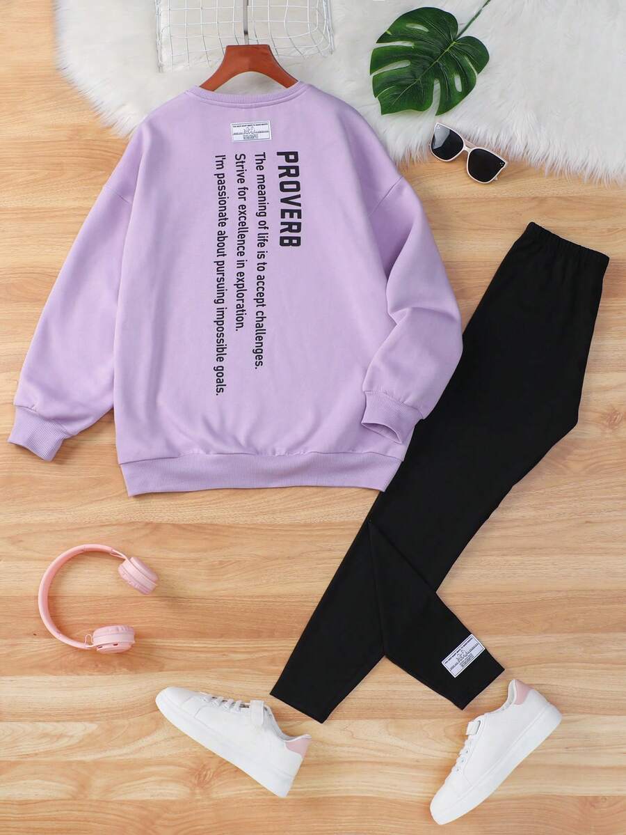 SHEIN 青少年女孩標語圖案落肩袖套頭衫&緊身打底褲 - 紫色 - 查看 1