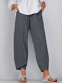 Women Plain Pocket Wrap Hem Tapered Casual Pants - Grey - View 1