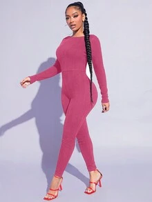 SHEIN SXY 素色露背彈力緊身連體褲 - 玫紅色 - 查看 5