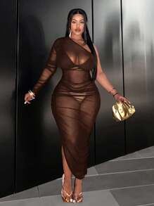 Slaydiva Plus Size One Shoulder Mesh And Pleated Dress - Brown - View 1