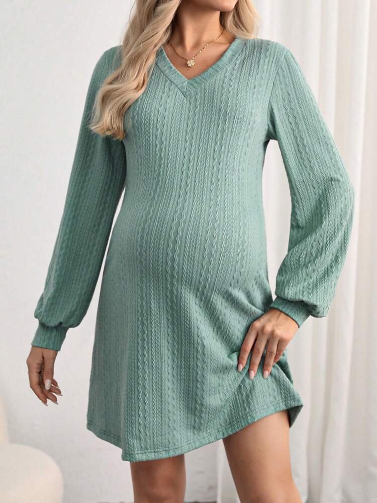 Maternity V-neck Lantern Sleeve Dress