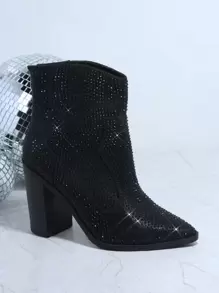 SHUZIA Black Point Toe Back Zipper Velvet Chunky Boots - Black - View 4