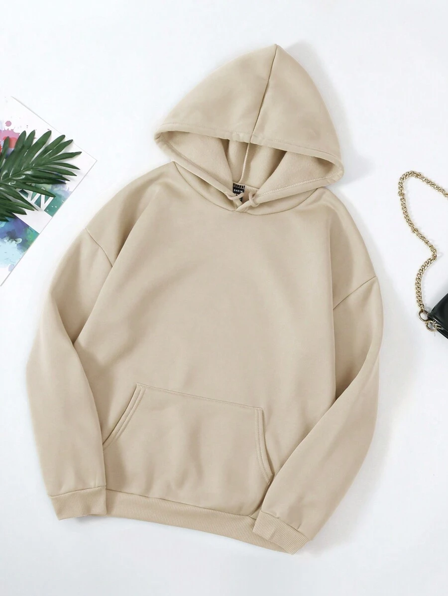INAWLY Áo hoodie lông cừu màu trơn có túi Kangaroo và dây rút, áo dài tay - Màu be - Xem 1