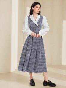 Mulvari 女裝格紋斗篷領拼色雙排扣連身裙 - 藍色 - 查看 5