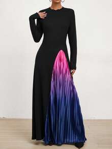 SHEIN Privé Colorblock Raglan Sleeve Pleated Hem Dress - Black and White - View 3