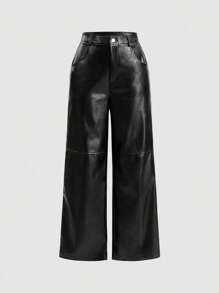 SHEIN Girlism Tween Girls Loose College Style PU Mid-Waist Wide Leg Cargo Pants