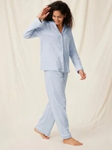 LUVLETTE Autumn And Winter Soft Sky Blue 100% Pure Cotton Basic Shawl Collar Long Pajama Set For Women Lounge Sets For Women Pants With Pockets Fall Pajamas Clothes