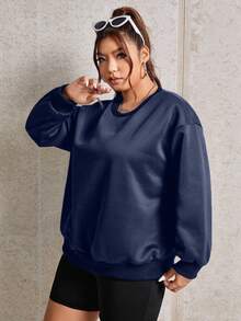 SHEIN EZwear Kích thước lớn Thả vai Áo nỉ Với Cánh In Trở lại - Màu xanh hải quân - Xem 3