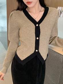 DAZY Contrast Trim Puff Sleeve Cardigan - Khaki - View 6
