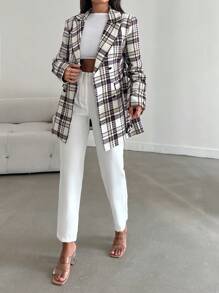 EURMUSE Plaid Print Double-breasted Flip Detail Suit Set - Violet Purple - View 1