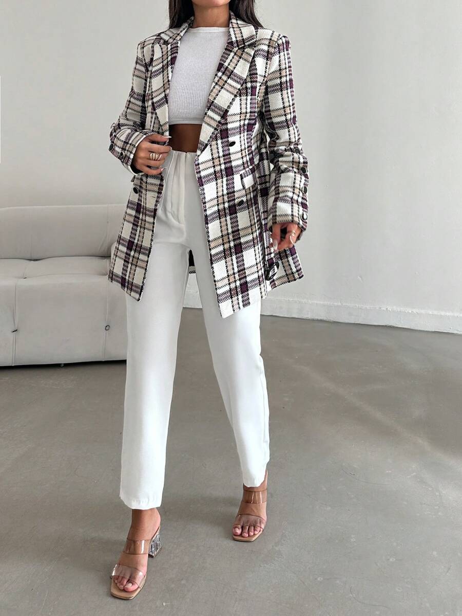 EURMUSE Plaid Print Double-breasted Flip Detail Suit Set - Violet Purple - View 1