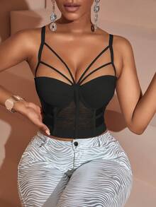 Y2k 性感狂欢节网眼镂空细肩带露背束身衣短款吊带夜店装上衣万圣节服装女式秋季服装