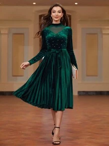 SHEIN Clasi Của phụ nữ Lưới Sợi & Trân châu & Viền xếp & Váy có thắt lưng - màu xanh lá - Xem 7