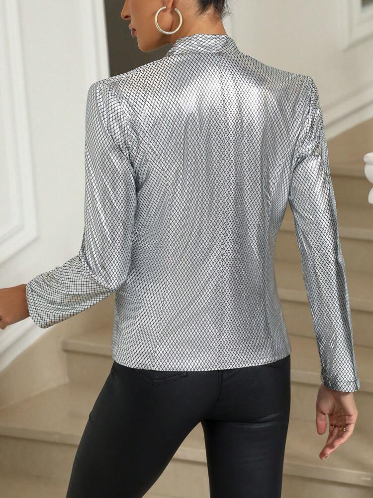 Open Front Grid Metallic Blazer