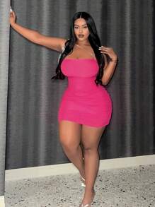 Slaydiva 大碼素色褶邊緊身洋裝 - 玫紅色 - 查看 4