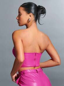 SHEIN BAE Glamorous Strapless Corset Leather Red Bustier Tube Top - Hot Pink - View 2