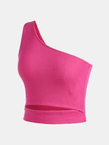 SHEIN 少女們的針織肋紋空心單肩短上衣,腰部切割設計 - 玫紅色 - 查看 3