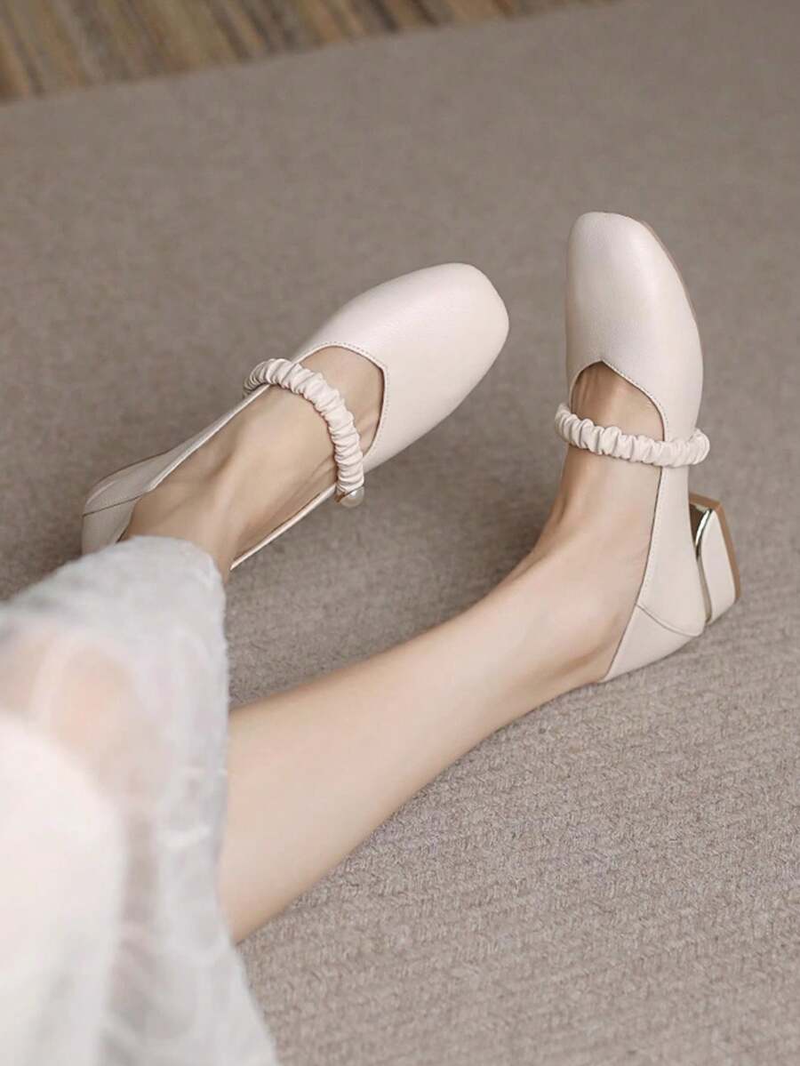 HanDuEke 女款珍鞋2023新款法式風格專業粗跟中跟小尺寸高跟仙女平底鞋