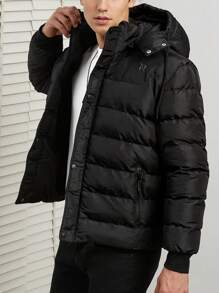 SHEIN Cottnline Men Slant Pocket Hooded Puffer Coat - Black - View 5