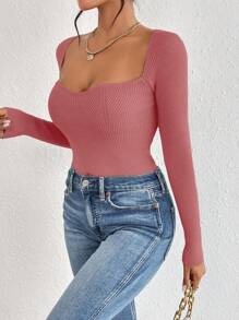 SHEIN Frenchy Của phụ nữ Cổ Trái tim Áo len - Màu Hồng  San hô - Xem 5