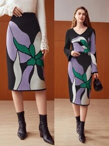 MOTF PREMIUM WOOL-BLEND FLORAL KNIT SKIRT - Multicolor - View 2