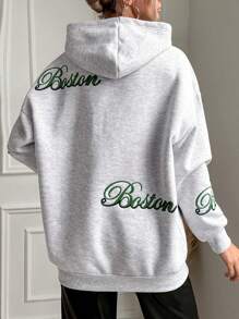 EURMUSE Letter Embroidery Drop Shoulder Hoodie