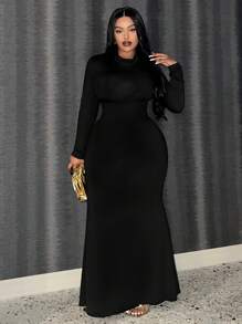 Slaydiva 大碼素色小高領緊身洋裝 - 黑色 - 查看 3