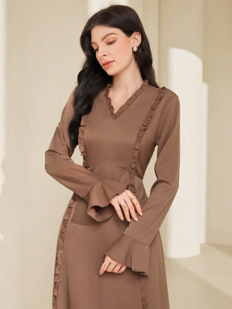 Women's Solid Color Flared Sleeve Dress With Frill Trim