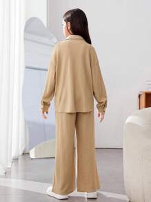 SHEIN Bé gái tuổi teen Thể thao Đường phố Đan Chất rắn Có màu sắc áo có mũ Bộ - Màu Khaki - Xem 2