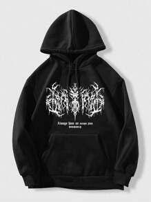 ROMWE Grunge Punk Slogan Graphic Kangaroo Pocket Drawstring Thermal Hoodie Always Have An Escape Plan DOOMSDAY, School - Black - View 1