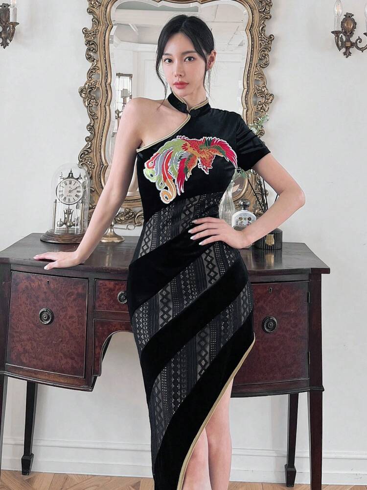 Phoenix Embroidery & Lace Splicing One Shoulder Dress