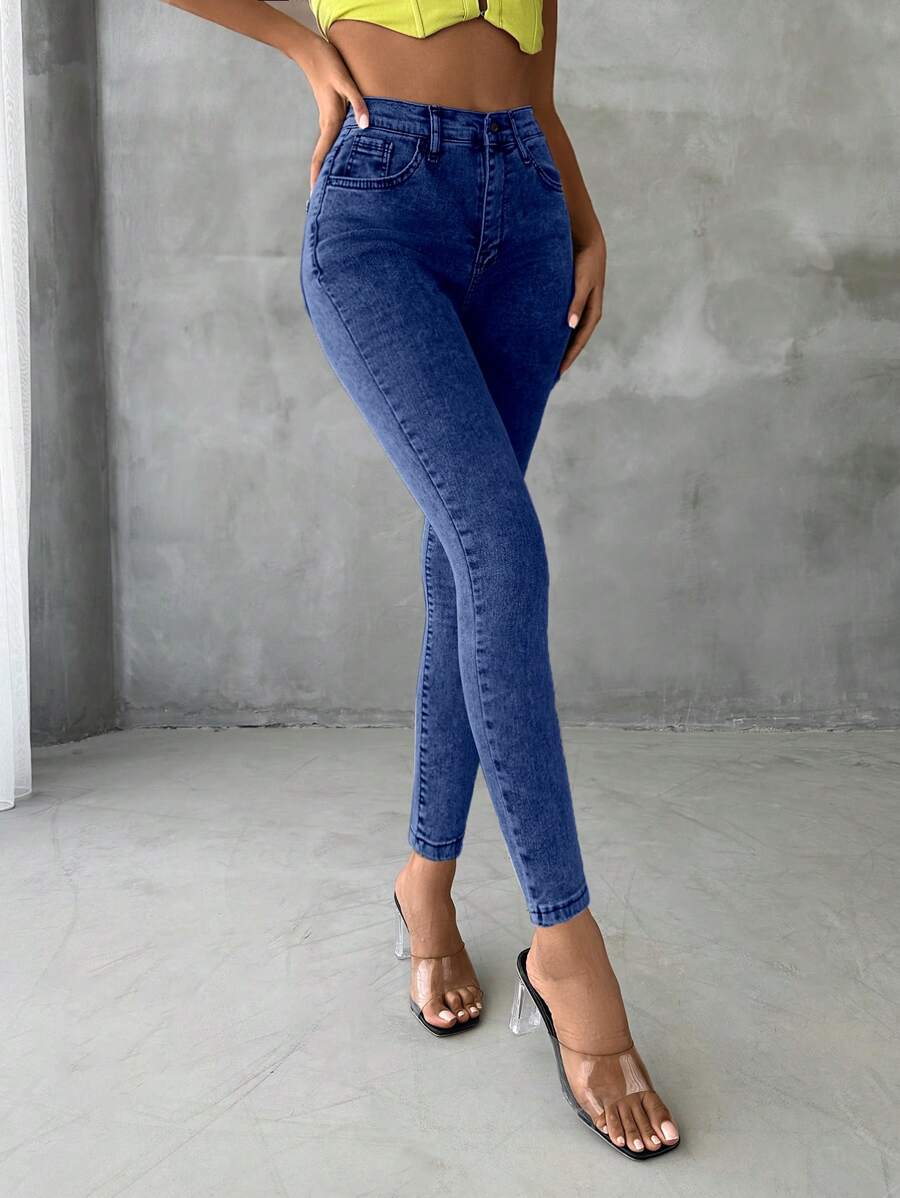 EURMUSE 純色修身休閒牛仔褲 - 深色水洗藍 - 查看 1